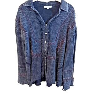 Sewn + Seen Black Button Front Tunic Top SZ M Raw Seams Lace Inset LS Boho NWOT